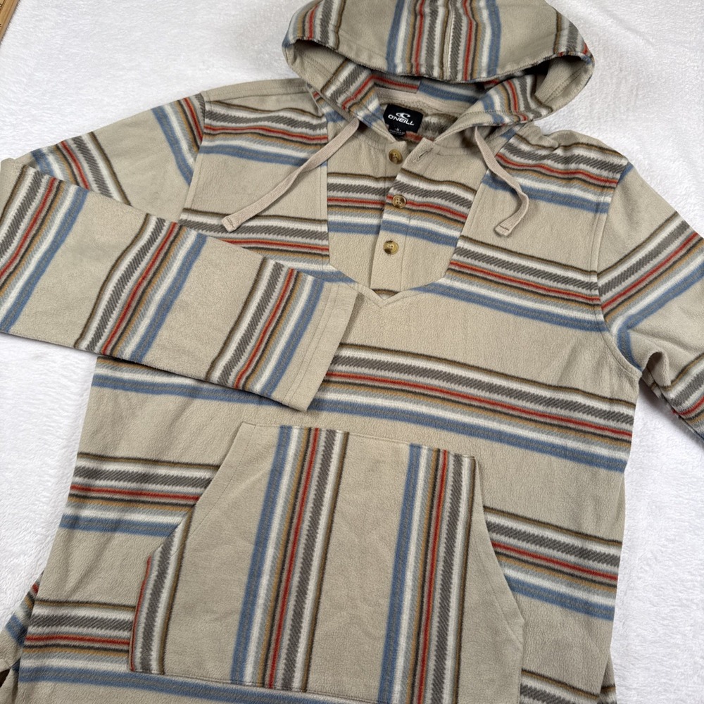 O'Neill Newman Superfleece Henley Hoodie Men's Medium Khaki Striped Pullover